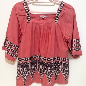 Calypso St. Bart Embroidered Top - Coral / Navy - Size Small